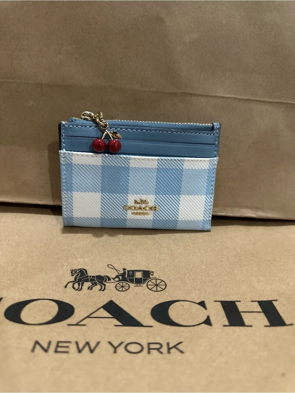 🍒🍒NWT Coach Mini Skinny Id Card Case With Gingham Print Cherry Charm Blue CFA31